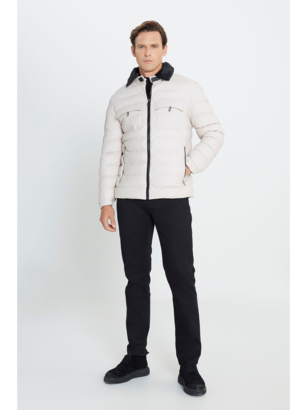 Bej Erkek Taş Standart Fit Normal Kesim Dik Yaka Kürk Detaylı Mont-4