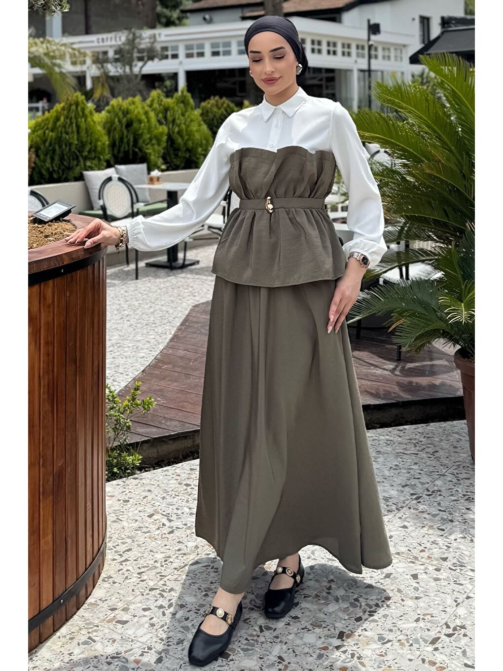 Haki Ön Tokalı Gömlek Garnili Bluz Etek Tesettür İkili Takım-2