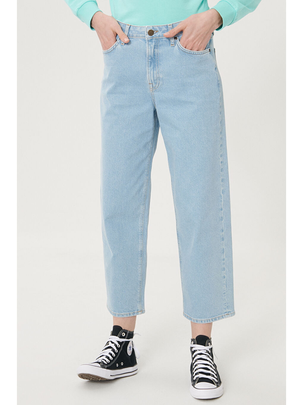 Mavi Wide Leg Fit Yüksek Bel Crop Paça Esnek Jean Jean Pantolon-3