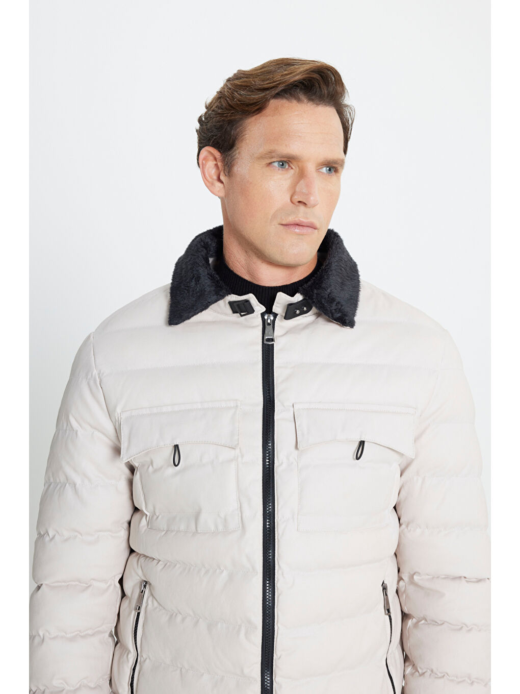 Bej Erkek Taş Standart Fit Normal Kesim Dik Yaka Kürk Detaylı Mont-3