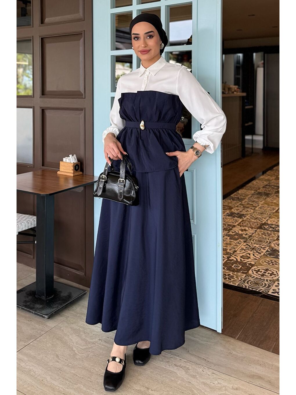Lacivert Ön Tokalı Gömlek Garnili Bluz Etek Tesettür İkili Takım-1