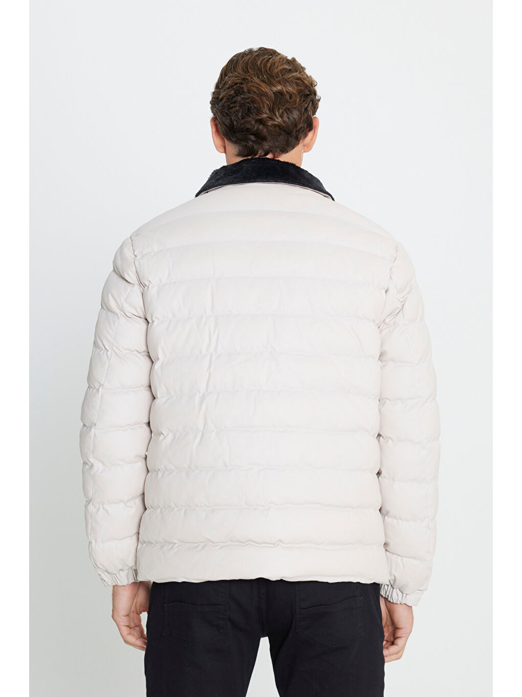 Bej Erkek Taş Standart Fit Normal Kesim Dik Yaka Kürk Detaylı Mont-2