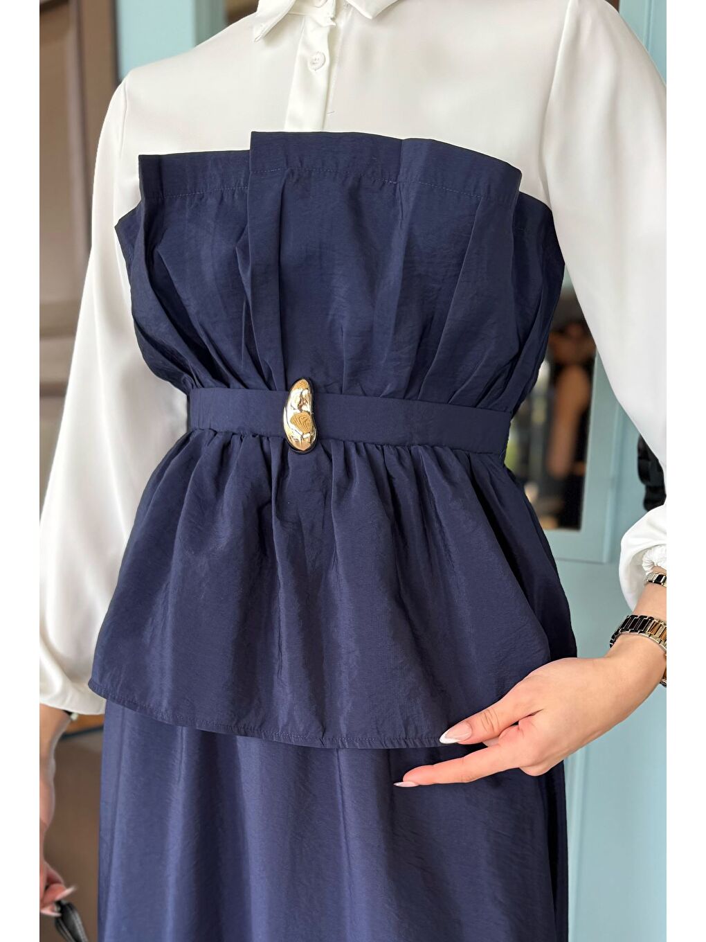 Lacivert Ön Tokalı Gömlek Garnili Bluz Etek Tesettür İkili Takım-2