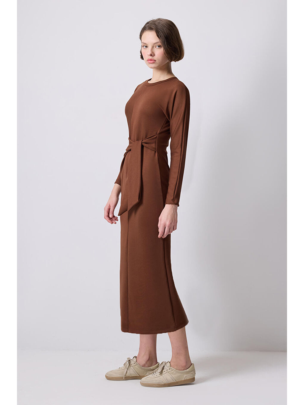 Kahverengi Önden Bağlamalı Elbise-3