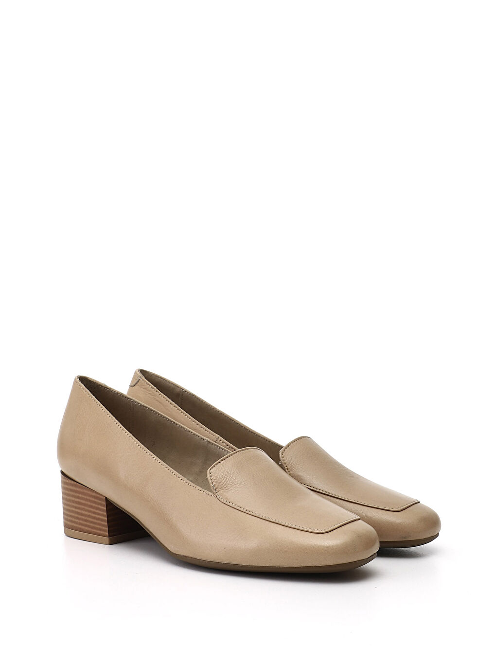 Bej Kadın AÇIK NUDE Küt Burun Kısa Kalın Topuklu Hakiki Deri Ayakkabı-1