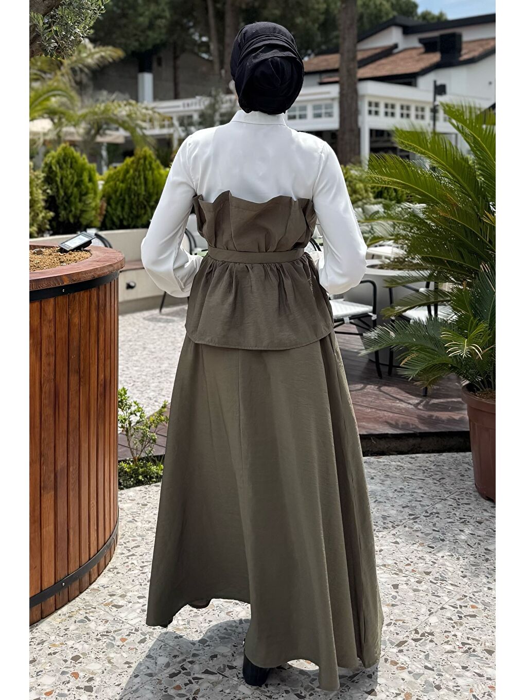 Haki Ön Tokalı Gömlek Garnili Bluz Etek Tesettür İkili Takım-4