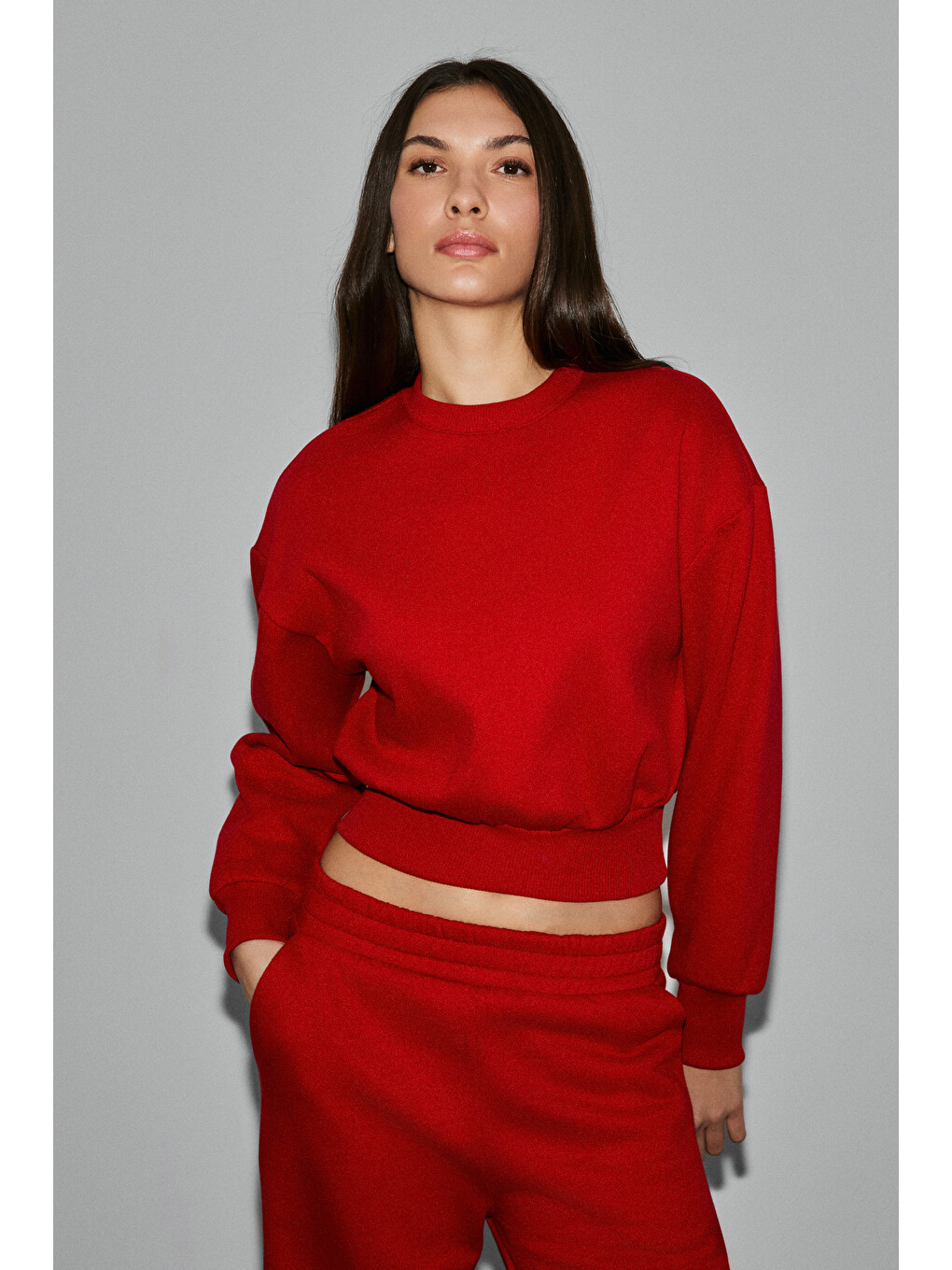 Karalıs Kadın Pamuklu Bisiklet Yaka Crop Kırmızı Sweatshirt-1