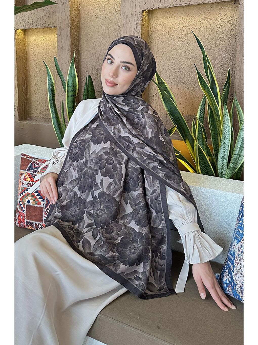 Lotus Desen Bambu Şal Acı Kahverengi