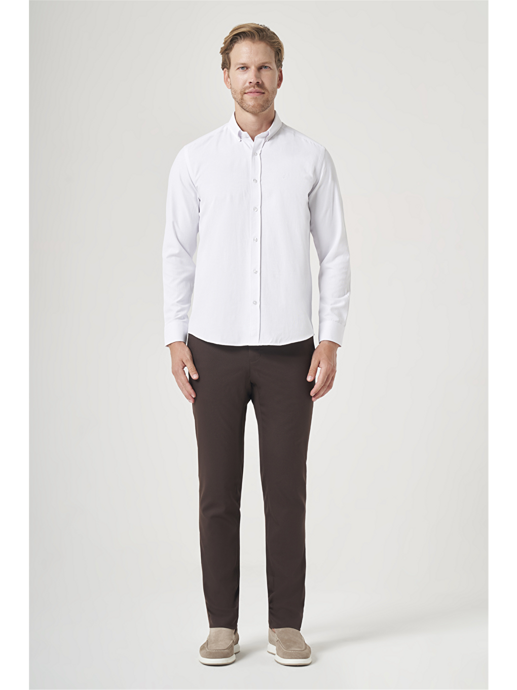 Beyaz Düğmeli Yaka Oxford Slim Fit Pamuklu Gömlek 1004265284-1