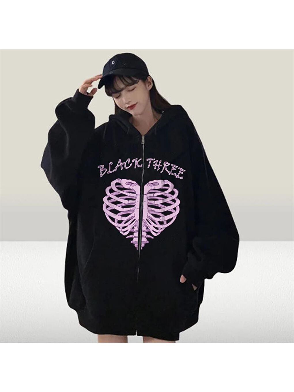 Touz Moda Siyah Black Three Cage Heart Baskılı Oversize Fermuarlı Siyah Unisex Kapüşonlu Hırka