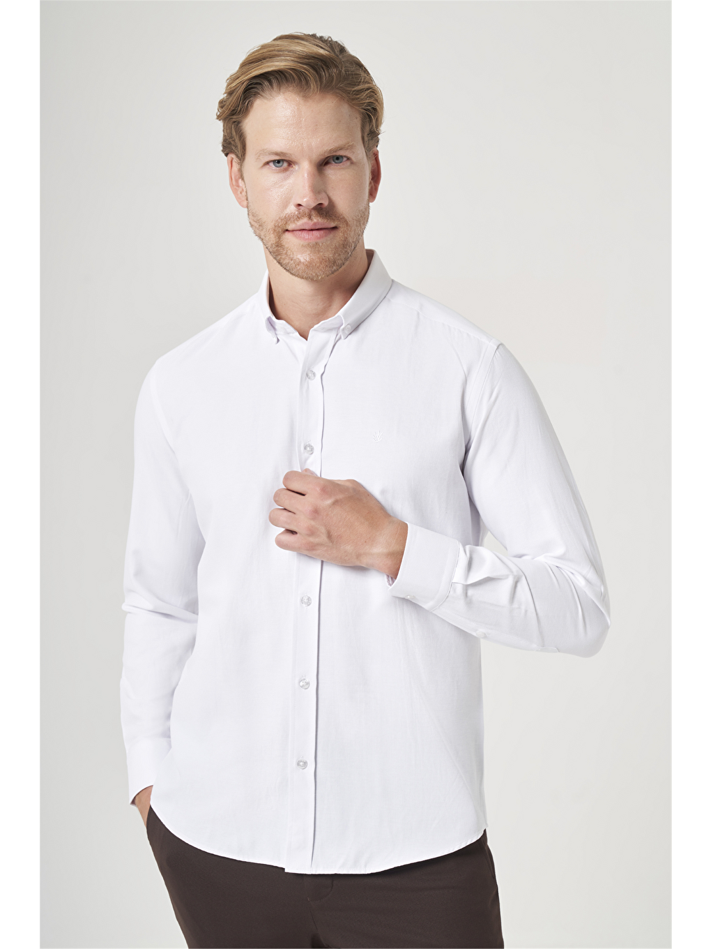 Beyaz Düğmeli Yaka Oxford Slim Fit Pamuklu Gömlek 1004265284-2