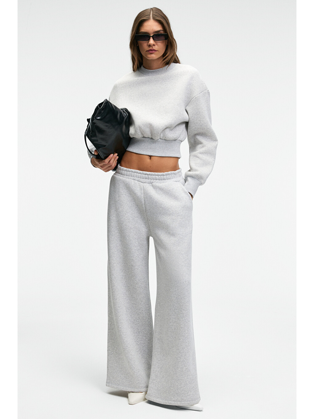 Karalıs Kadın Pamuklu Bisiklet Yaka Crop Gri Melanj Sweatshirt-2