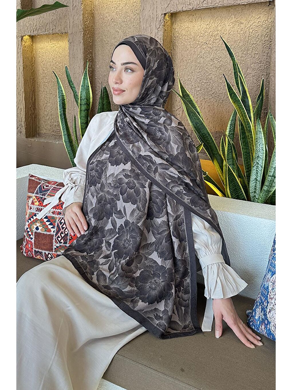 Lotus Desen Bambu Şal Acı Kahverengi-2