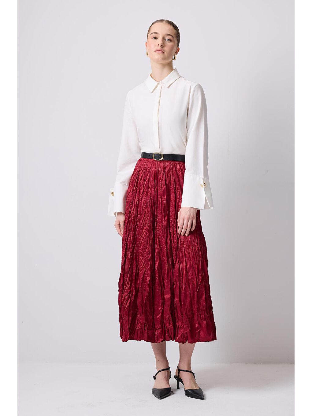 Bordo Crushlı Saten Etek