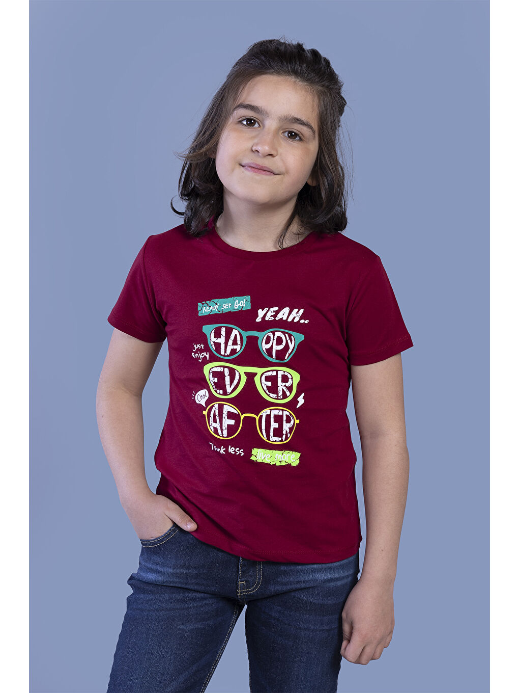 Bordo Erkek Çocuk Gözlük Baskılı Tişört