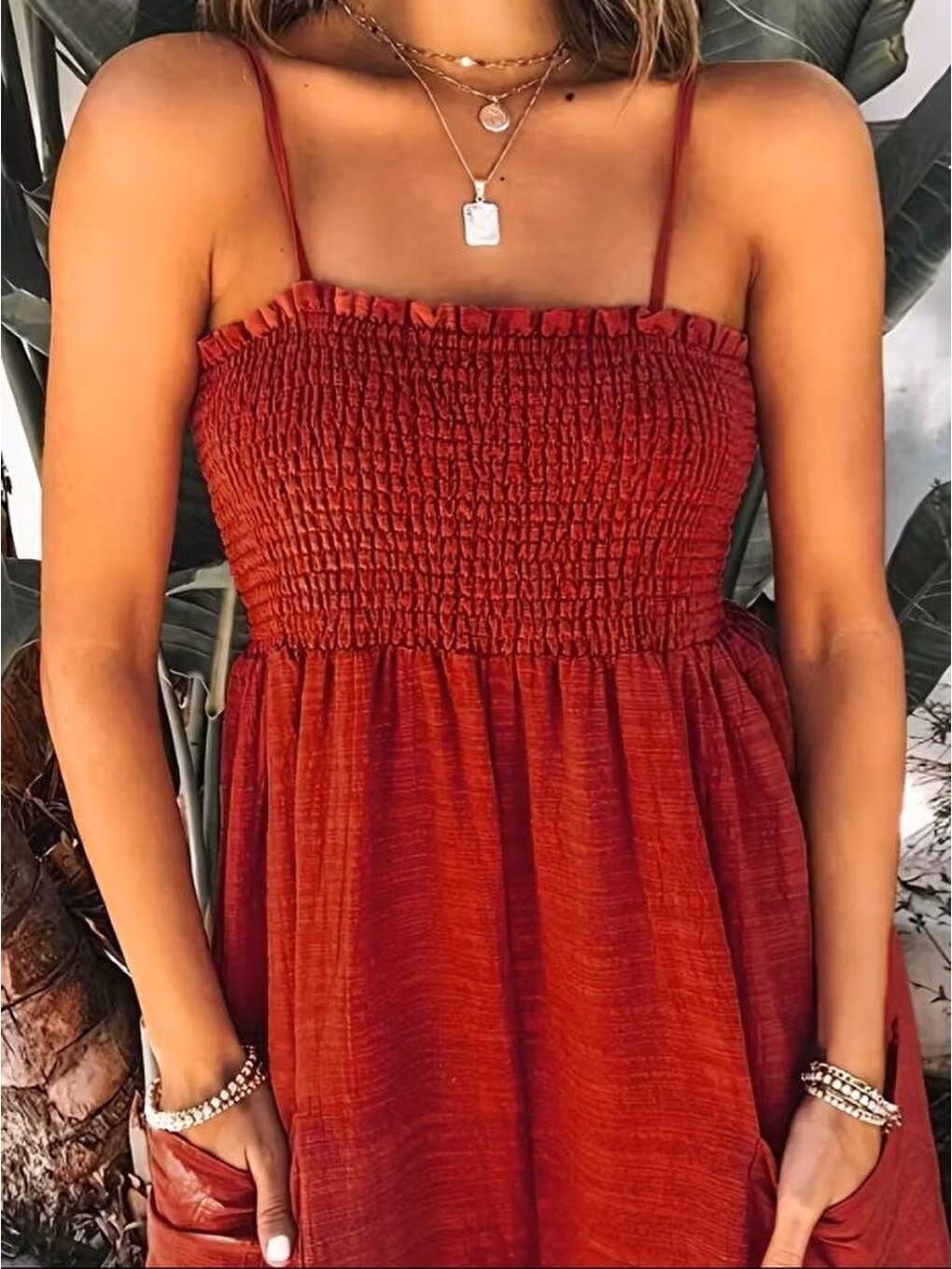 Kırmızı Kadın Ip Askılı Göğsü Lastik Detaylı Cepli Uzun Sofya Tulum-2