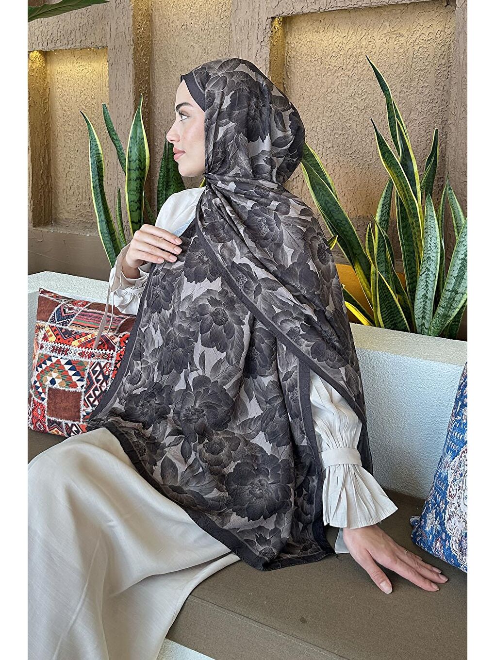 Lotus Desen Bambu Şal Acı Kahverengi-3