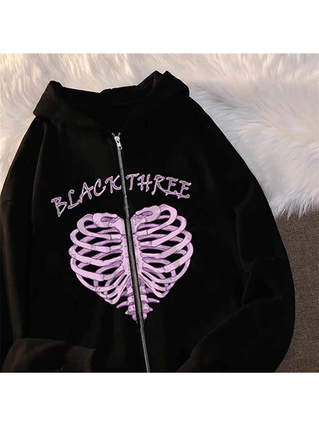 Touz Moda Siyah Black Three Cage Heart Baskılı Oversize Fermuarlı Siyah Unisex Kapüşonlu Hırka - 1