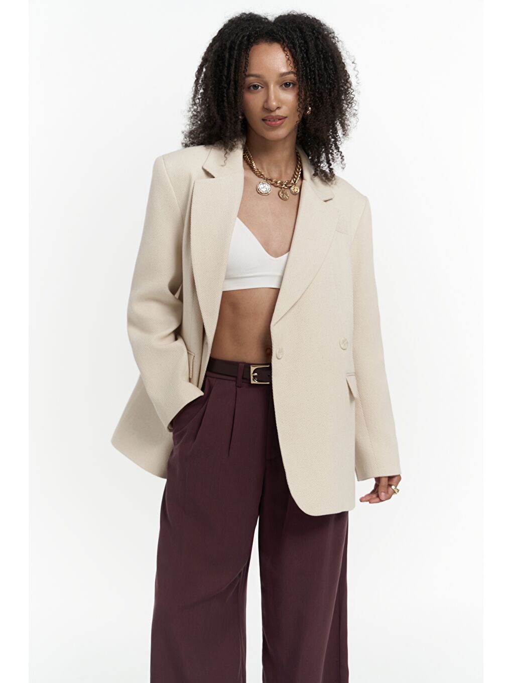 Bej Solara Arkası Düğmeli Naturel Blazer-1
