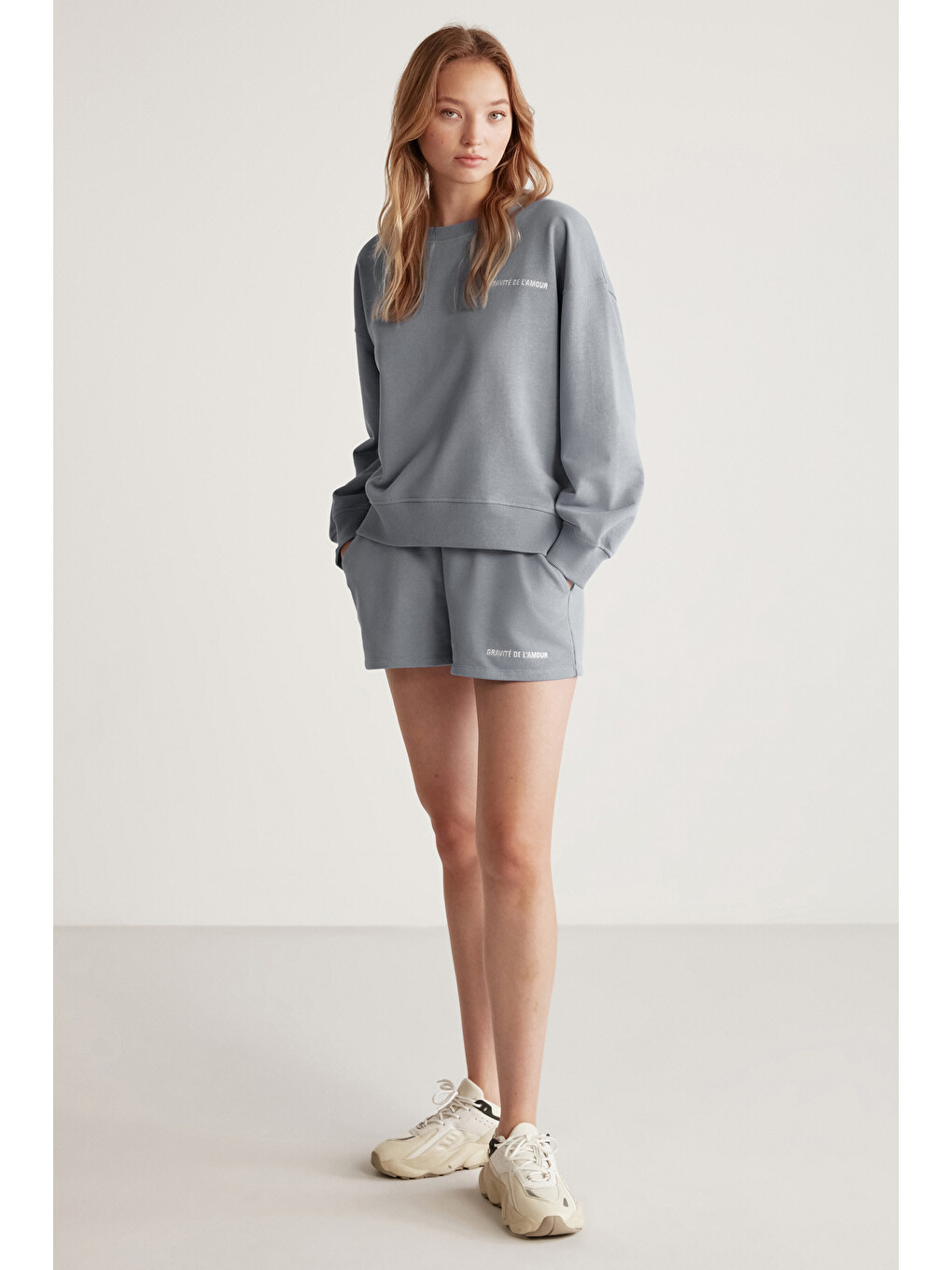 Jennıfer Kadın Organik Pamuklu Nakışlı Yuvarlak Yakalı Oversize Gri Sweatshirt-3