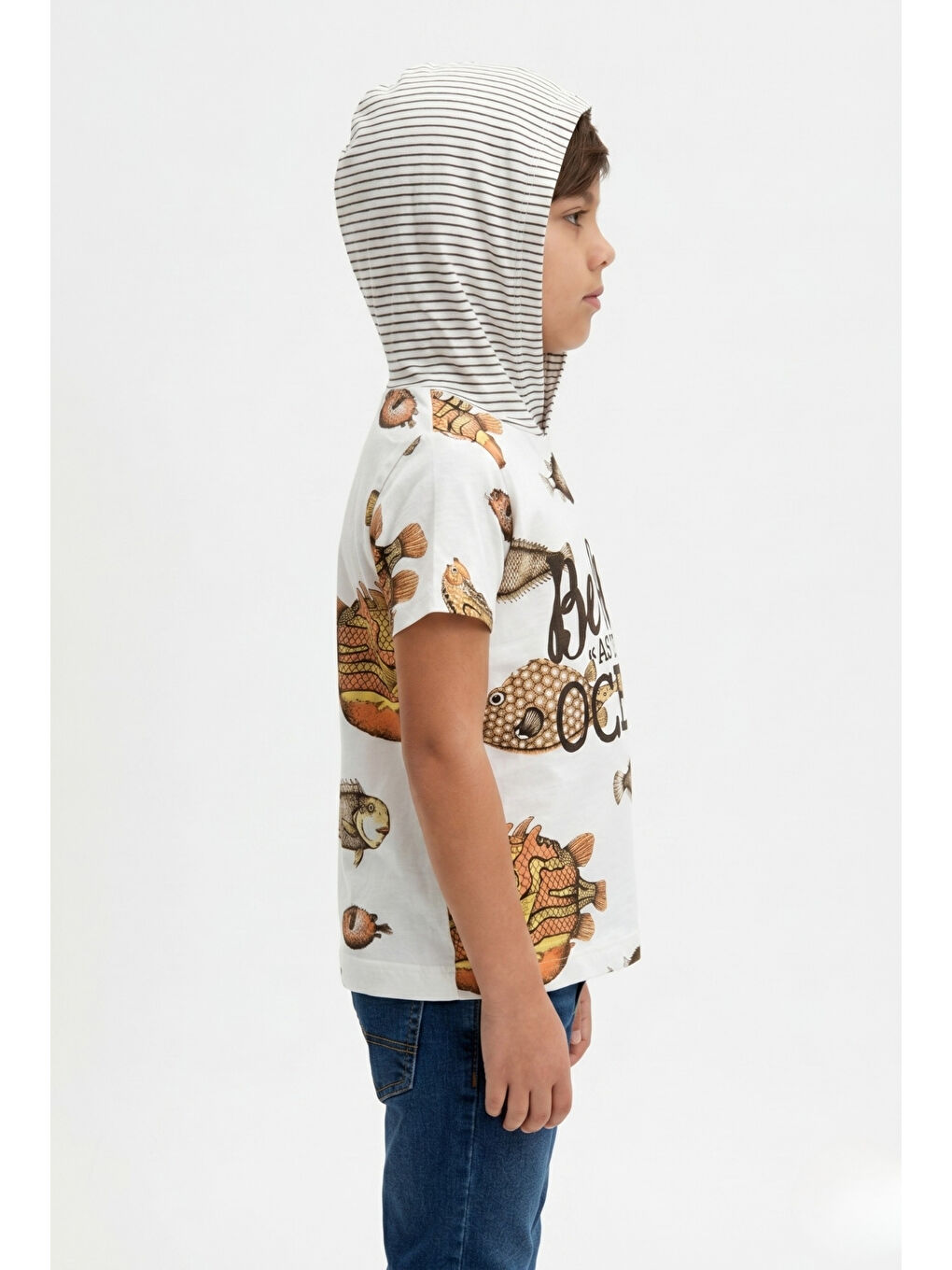 Ekru Erkek Çocuk Kapüşonlu Kısa Kollu BaskılıTişört 12804-1