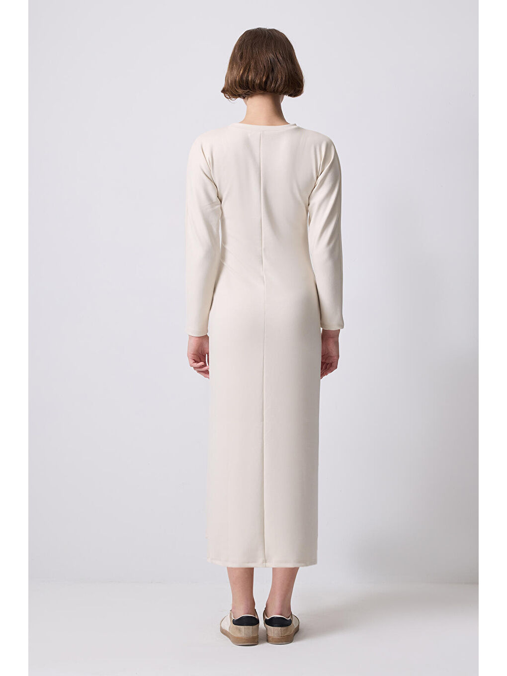 Ekru Önden Bağlamalı Elbise-3