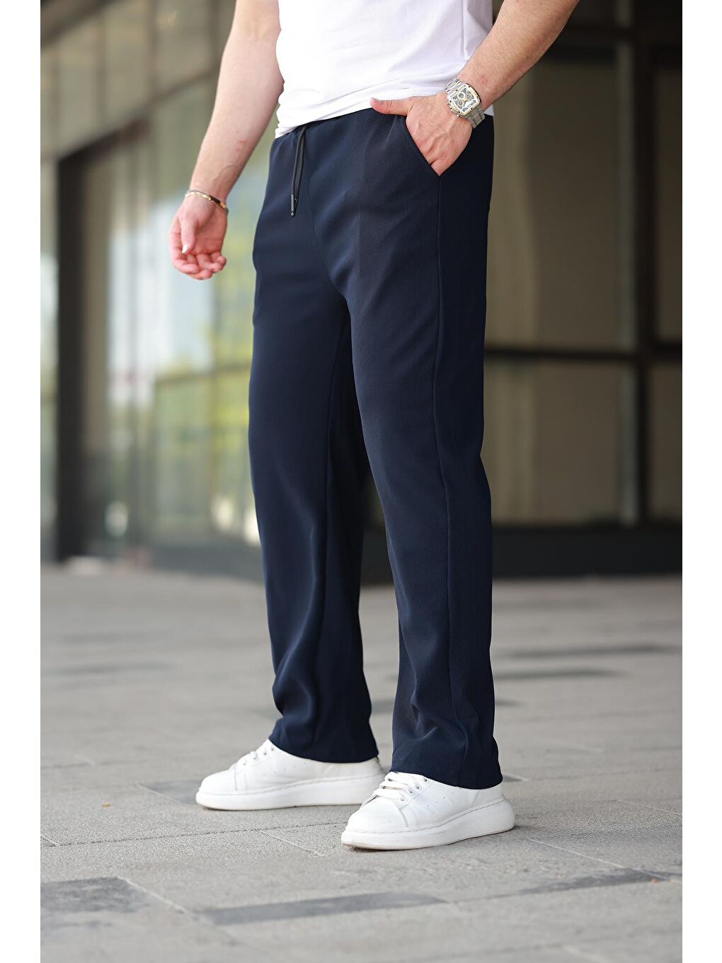 Lacivert Beli Ayarlanabilir Cep Detaylı Bol Pantolon 6545-1