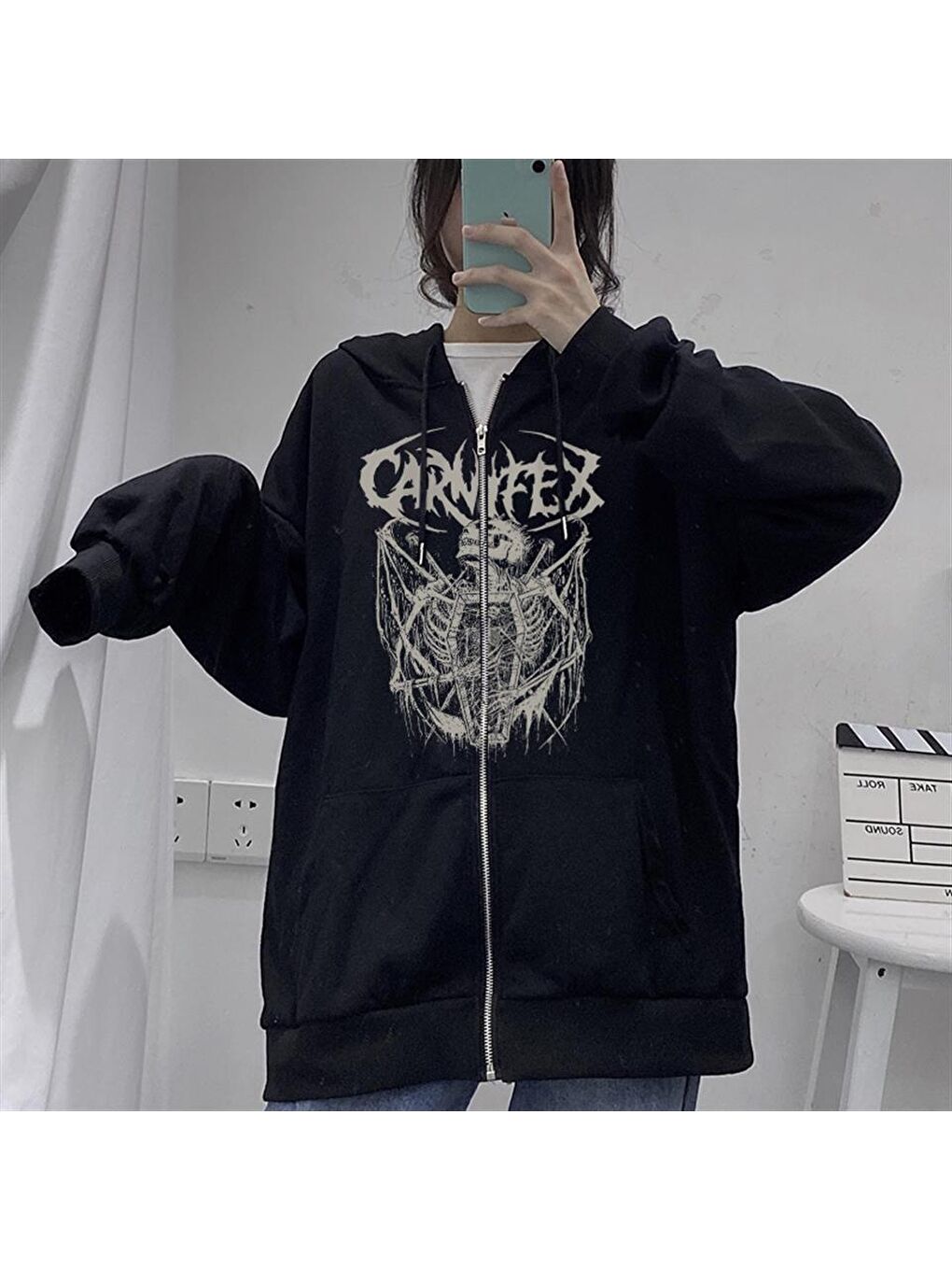 Touz Moda Siyah Carnifex Baskılı Oversize Fermuarlı Siyah Unisex Kapüşonlu Hırka