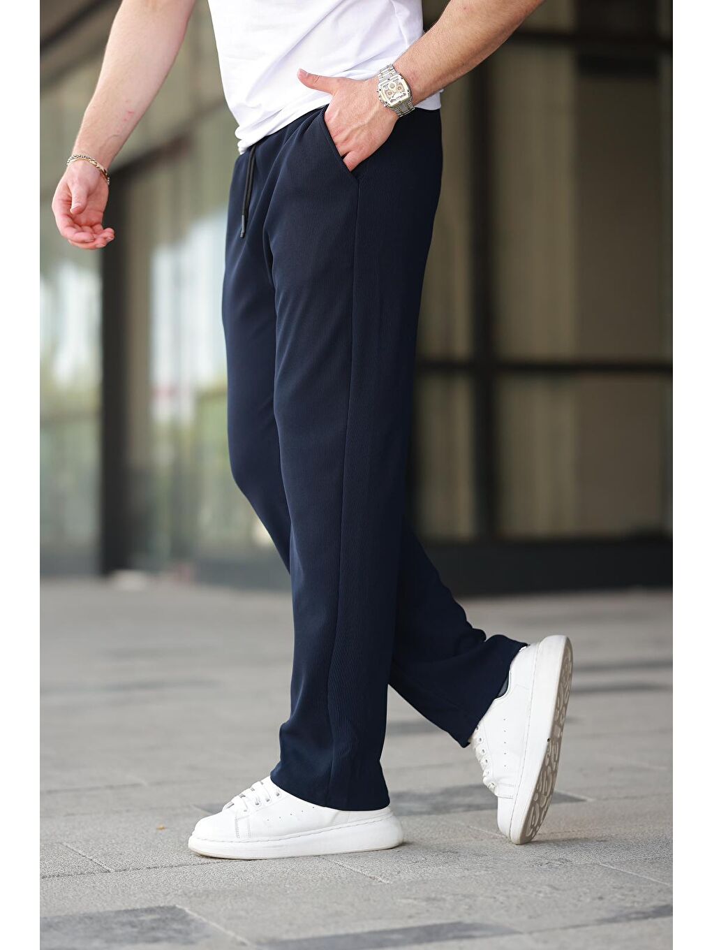 Lacivert Beli Ayarlanabilir Cep Detaylı Bol Pantolon 6545-2