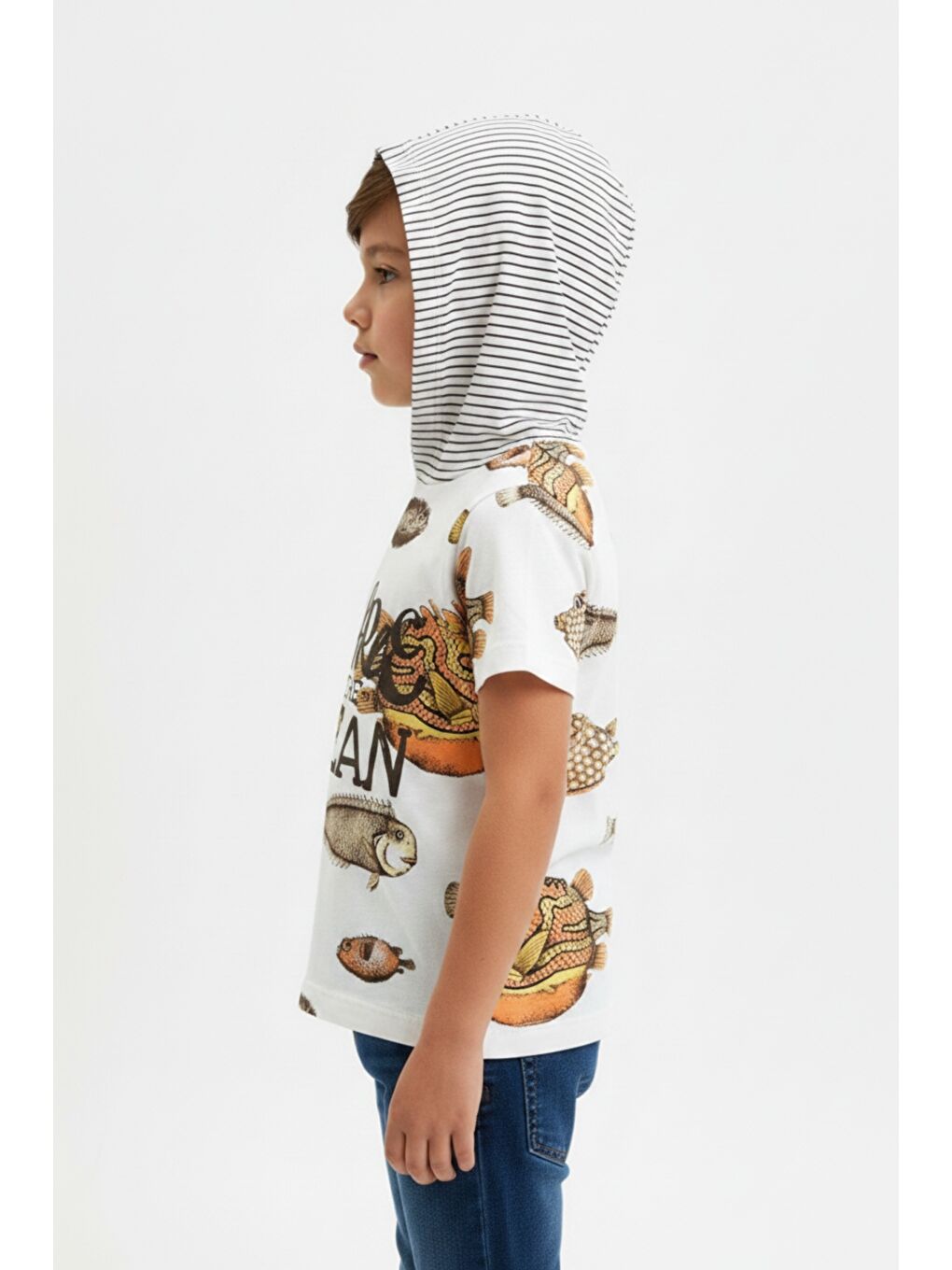 Ekru Erkek Çocuk Kapüşonlu Kısa Kollu BaskılıTişört 12804-2