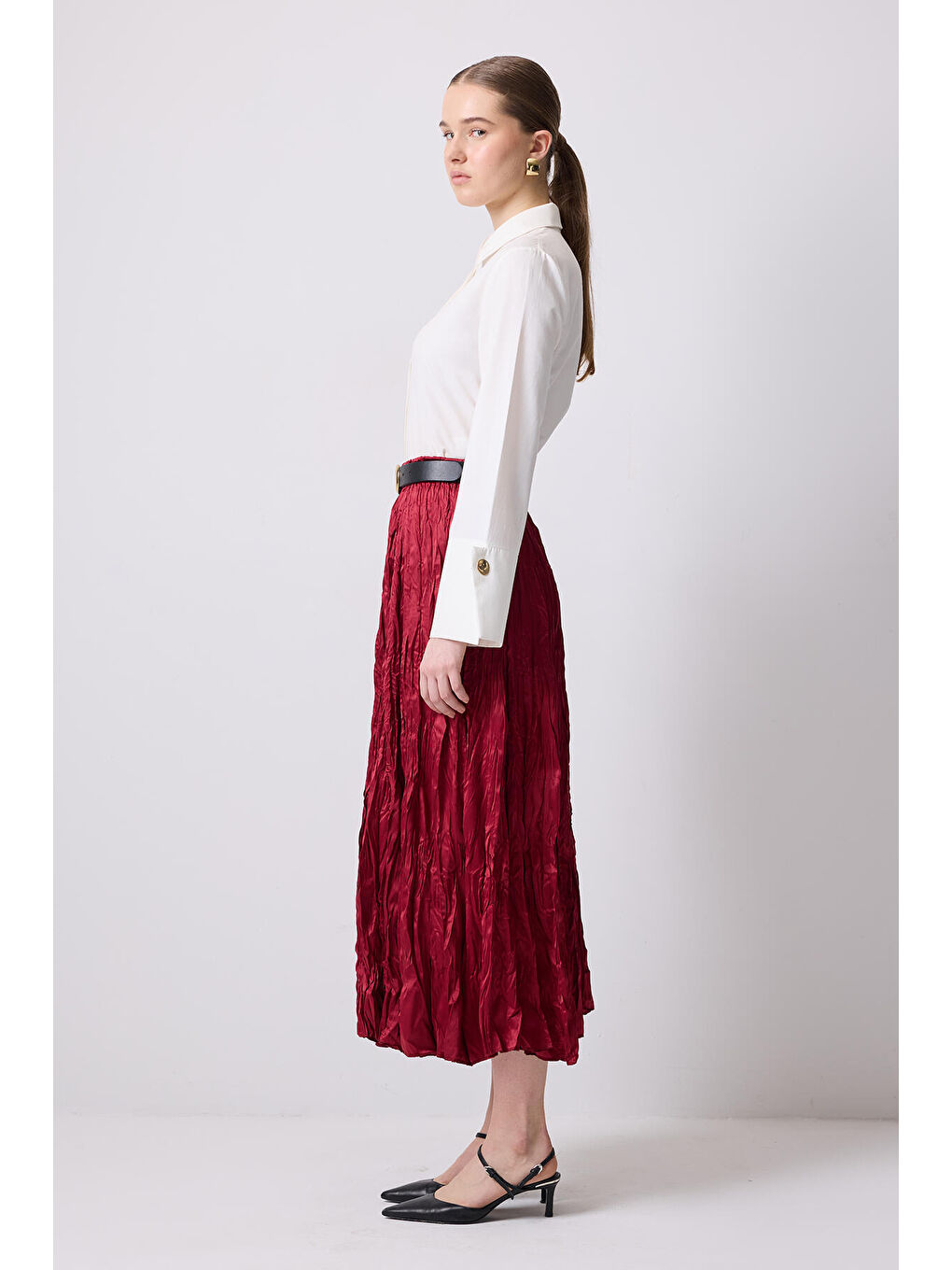 Bordo Crushlı Saten Etek-2