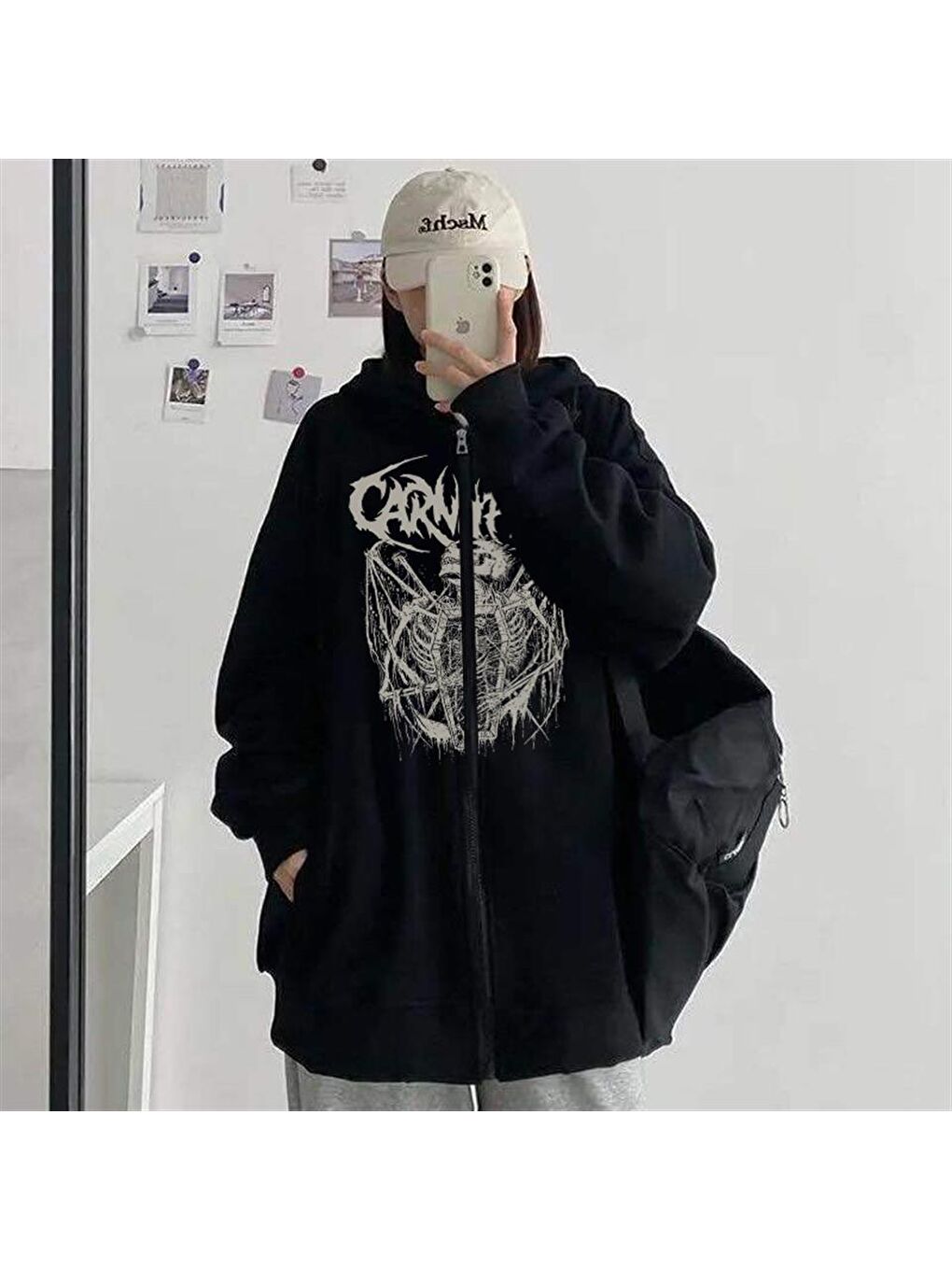 Touz Moda Siyah Carnifex Baskılı Oversize Fermuarlı Siyah Unisex Kapüşonlu Hırka - 1