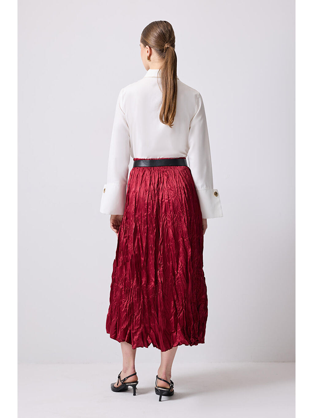 Bordo Crushlı Saten Etek-3