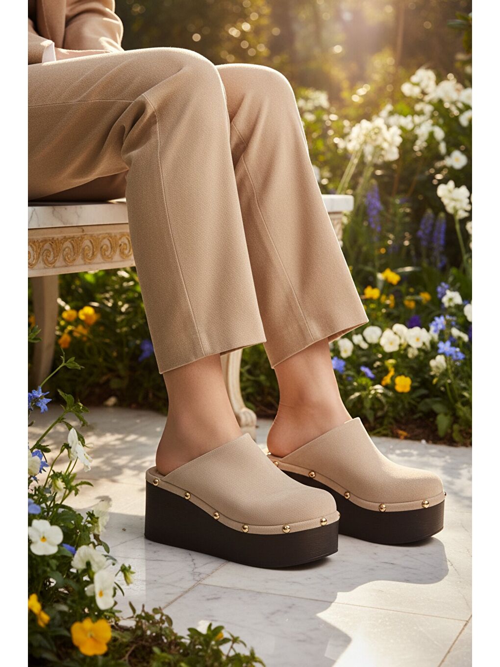 Bej Yüksek Taban Önü Kapalı Kadın Topuklu Terlik 322220 Z-2