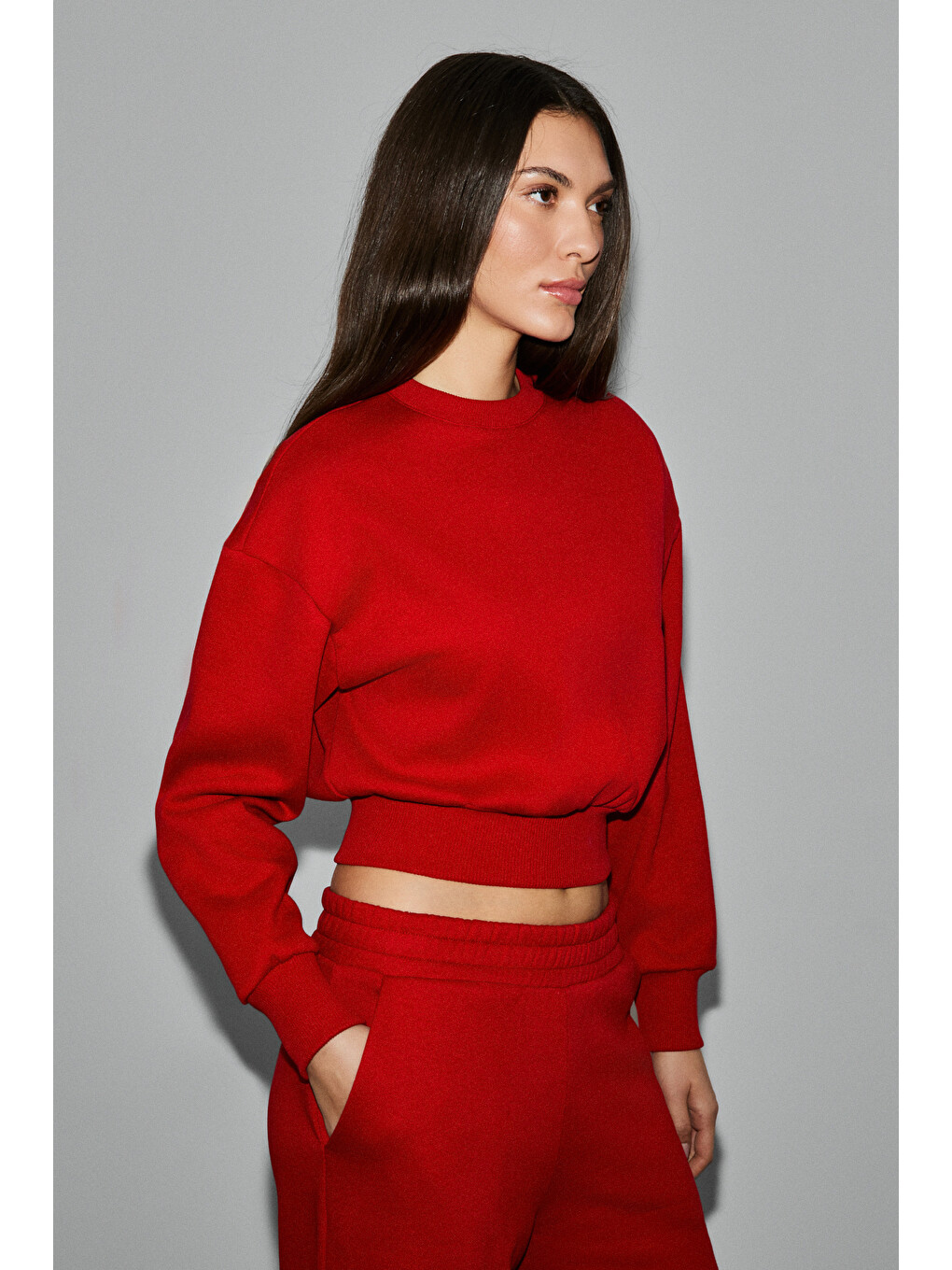 Karalıs Kadın Pamuklu Bisiklet Yaka Crop Kırmızı Sweatshirt-2