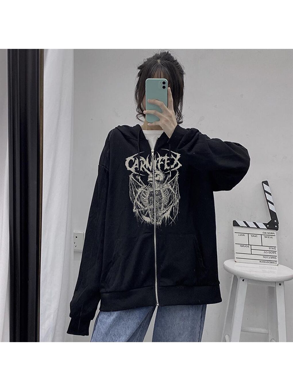 Touz Moda Siyah Carnifex Baskılı Oversize Fermuarlı Siyah Unisex Kapüşonlu Hırka - 2