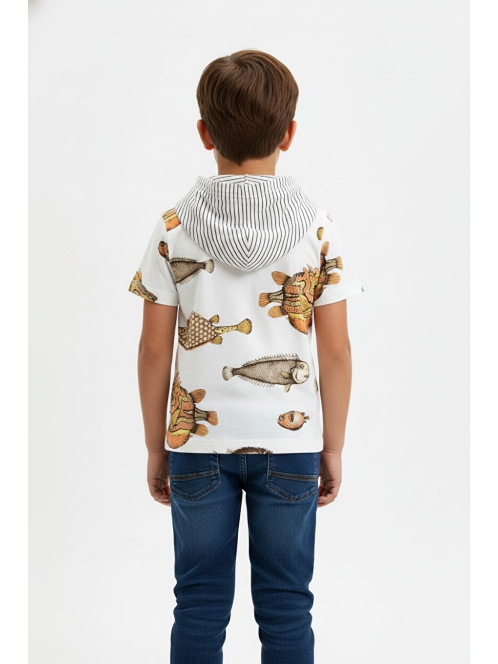 Ekru Erkek Çocuk Kapüşonlu Kısa Kollu BaskılıTişört 12804-4