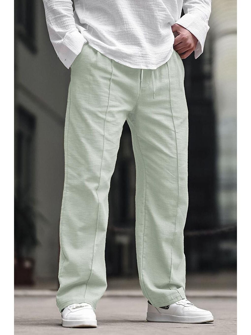 Mint Yeşili Erkek Rahat Kesim Keten %100 Pamuk Pantolon 6539-1