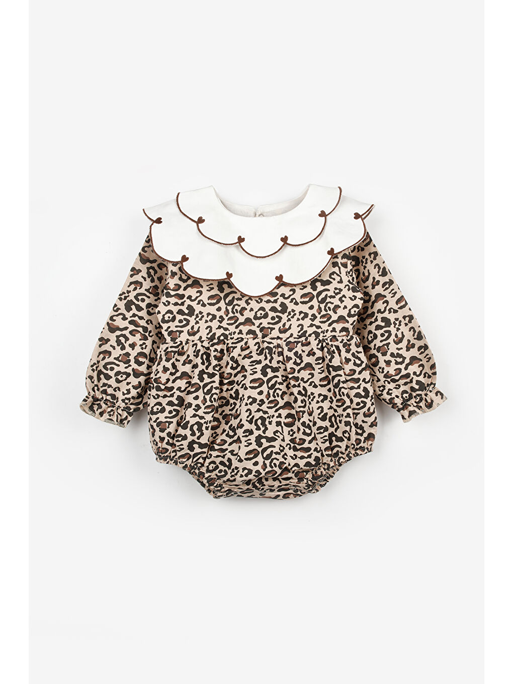 Kahverengi Kalp Desen Yakalı Kız Bebek Keten Tulum - Fabiana