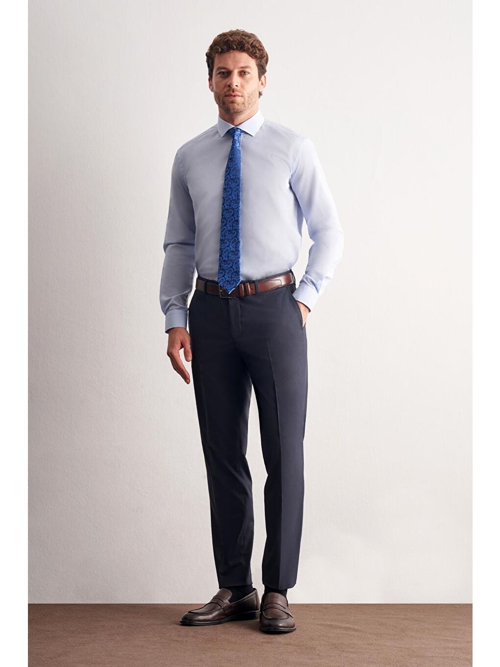 Açık Mavi Yarım İtalyan Yaka Uzun Kol Easy To Iron Slim Fit Pamuklu Gömlek 1004255301-2