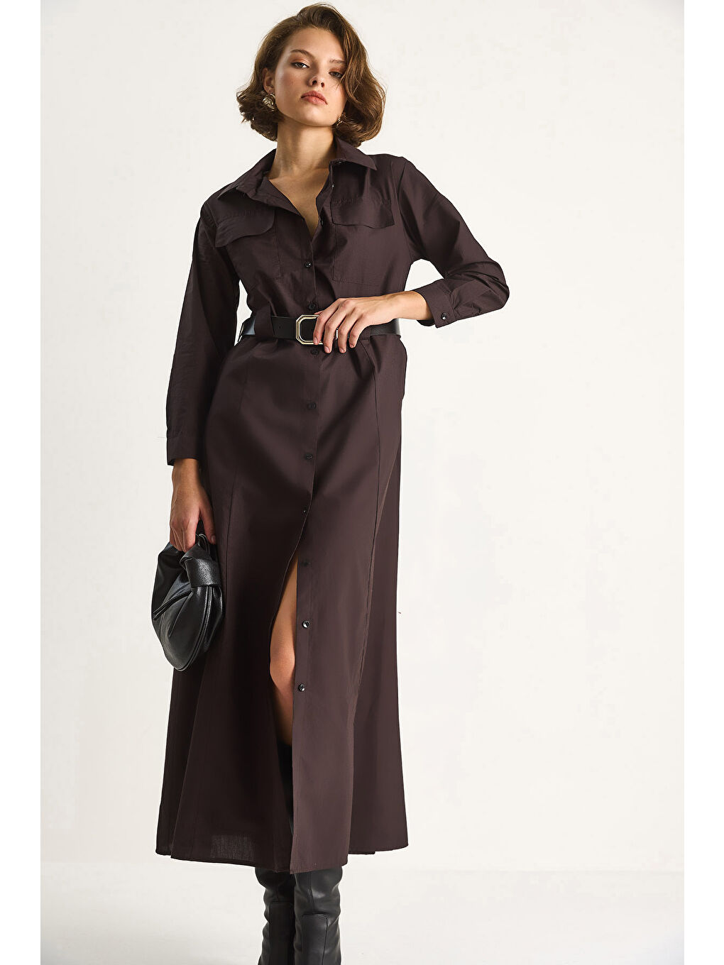 Kahverengi Kadın Düğme Kapamalı Cep Detaylı Kemerli Gömlek Elbise