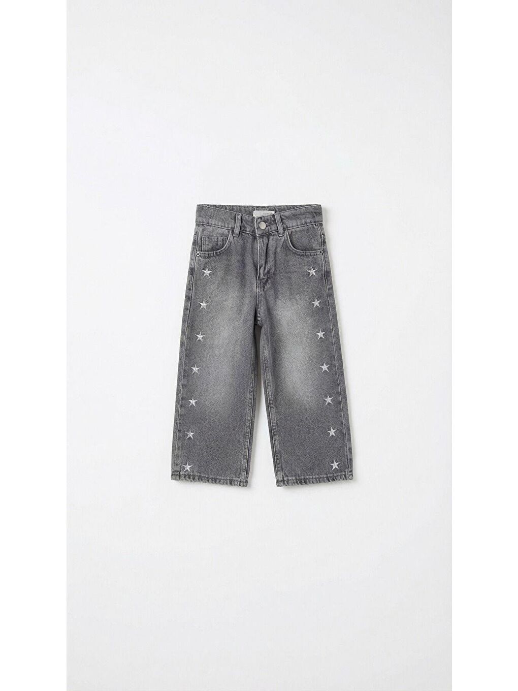 Kız Çocuk Pamuklu Gri Yıldız Desenli Denim Pantolon – Rahat Kesim, Günlük Kullanım