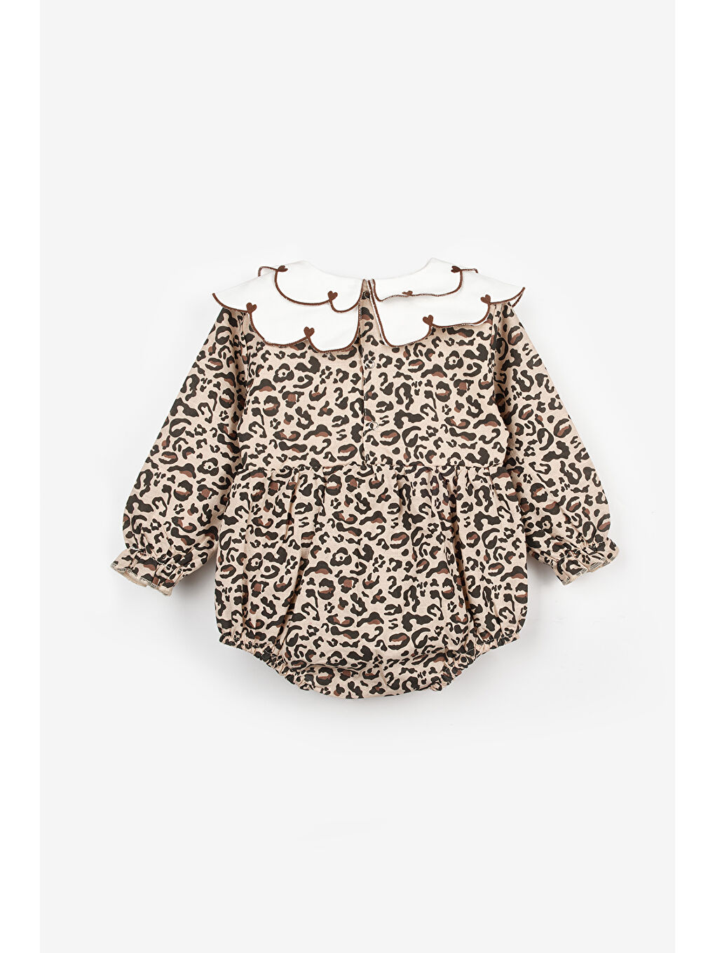 Kahverengi Kalp Desen Yakalı Kız Bebek Keten Tulum - Fabiana-1