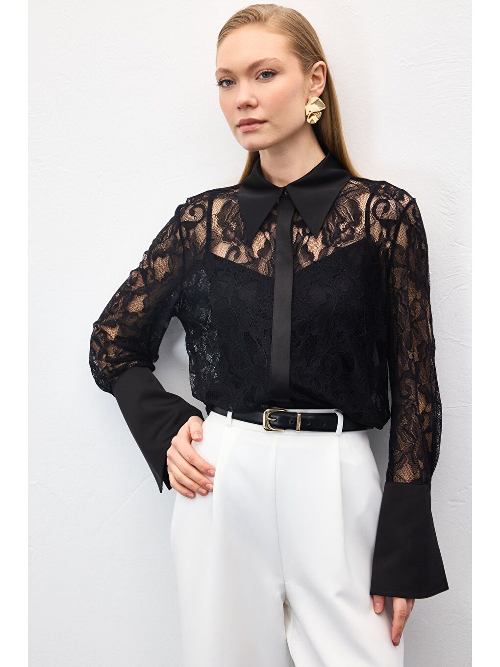 Dantel Gömlek - Siyah-5