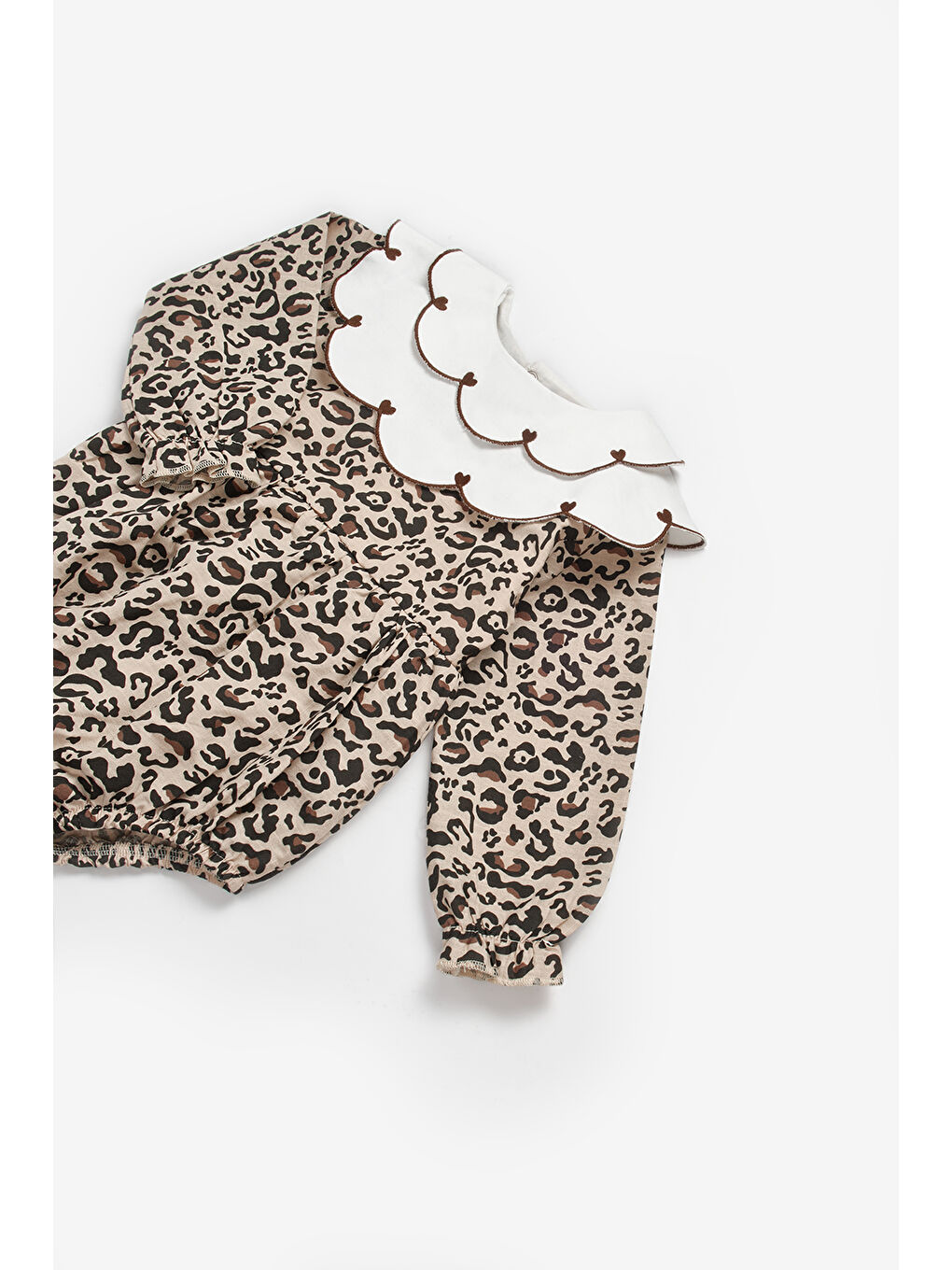 Kahverengi Kalp Desen Yakalı Kız Bebek Keten Tulum - Fabiana-2