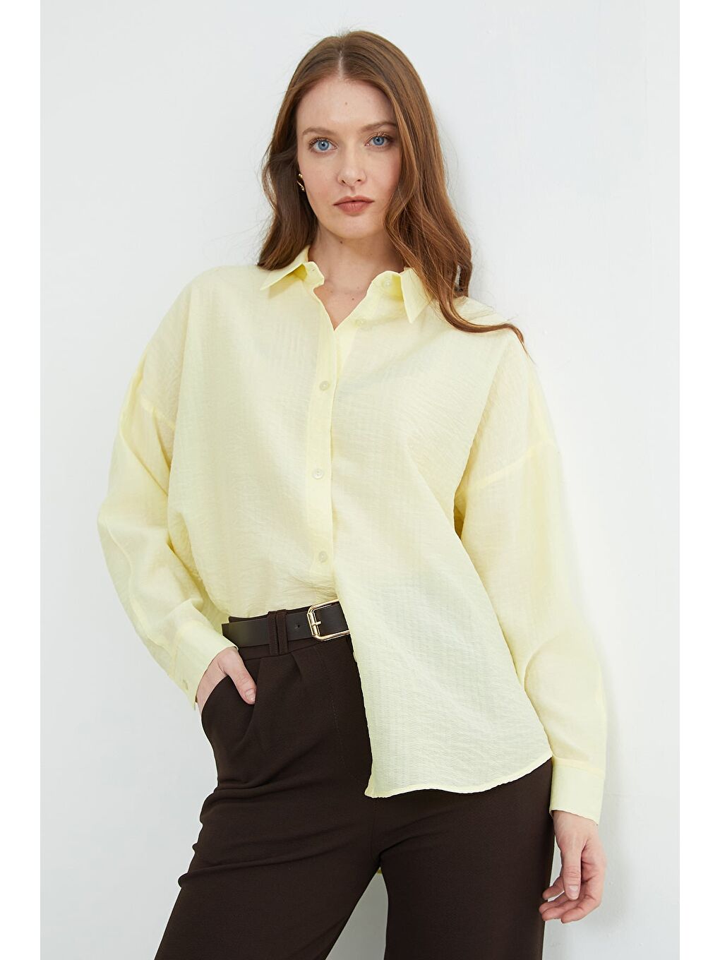 Sarı Basic Düğmeli Krinkıl Gömlek-1