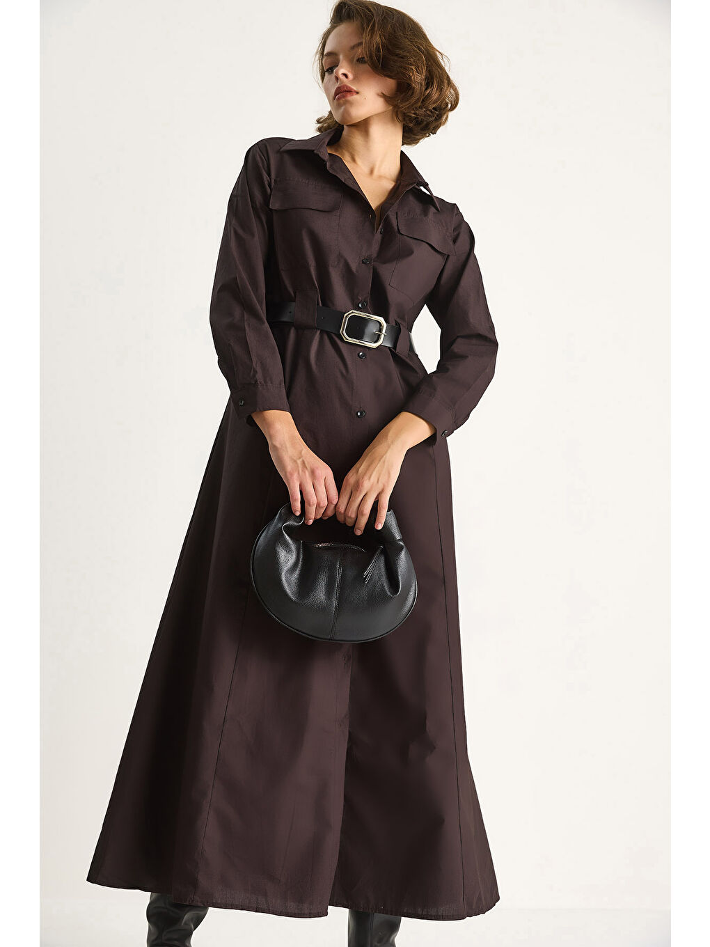 Kahverengi Kadın Düğme Kapamalı Cep Detaylı Kemerli Gömlek Elbise-1