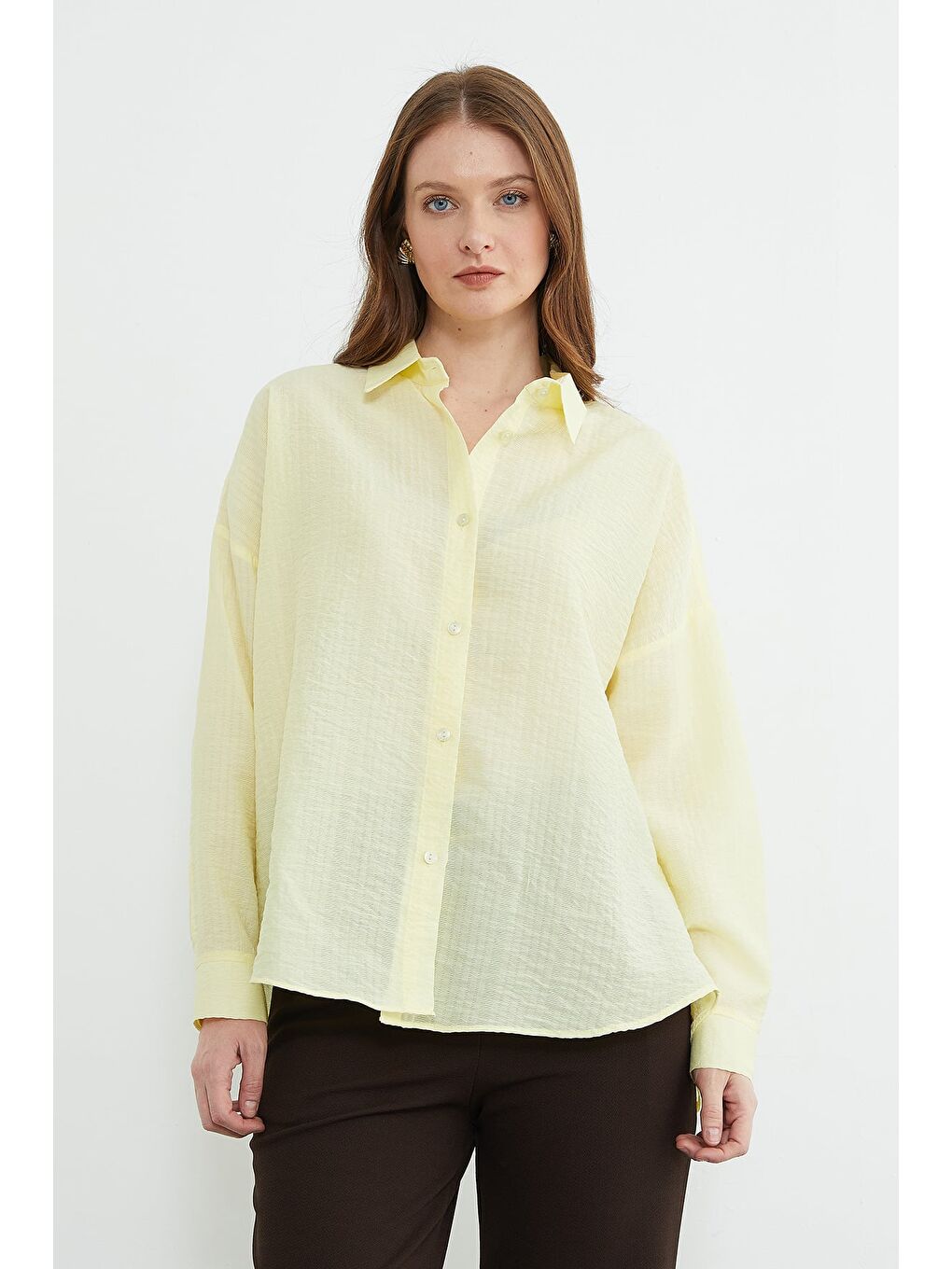 Sarı Basic Düğmeli Krinkıl Gömlek-4