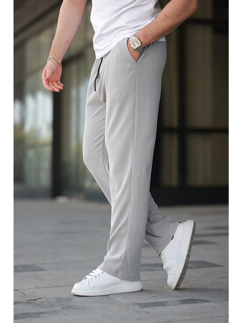 Boyalı Gri Beli Ayarlanabilir Cep Detaylı Bol Pantolon 6545-2