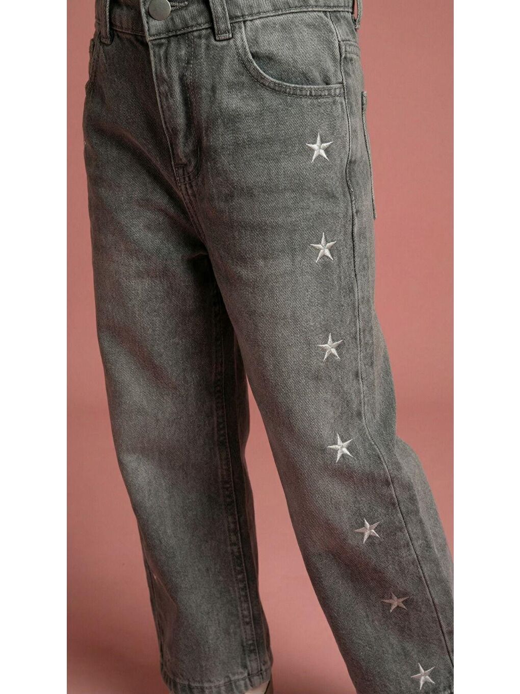 Kız Çocuk Pamuklu Gri Yıldız Desenli Denim Pantolon – Rahat Kesim, Günlük Kullanım-2